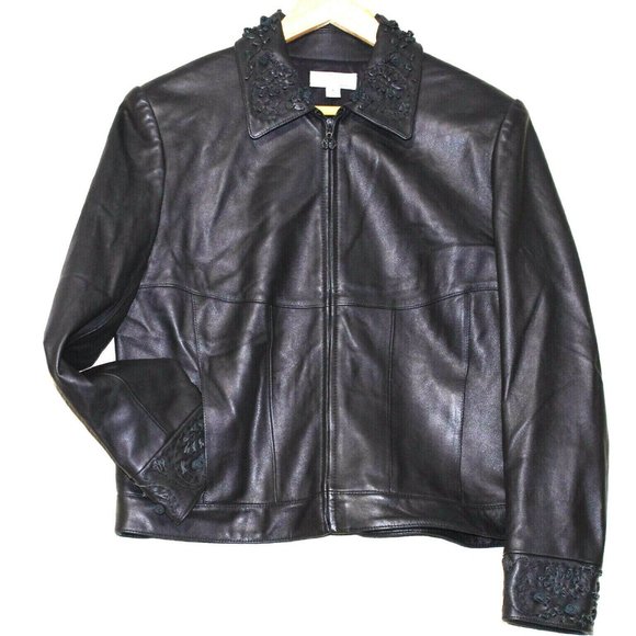 St. John Sport Black Leather Zip Floral Jacket :M
